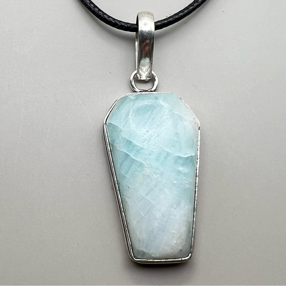 New Light Blue Hemimorphite Stone Coffin Shaped Silver Pendant Necklace w Cord